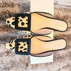 ON:3:4:TH Leopard Print Pointed Slip-On Mules in Tan and Black
